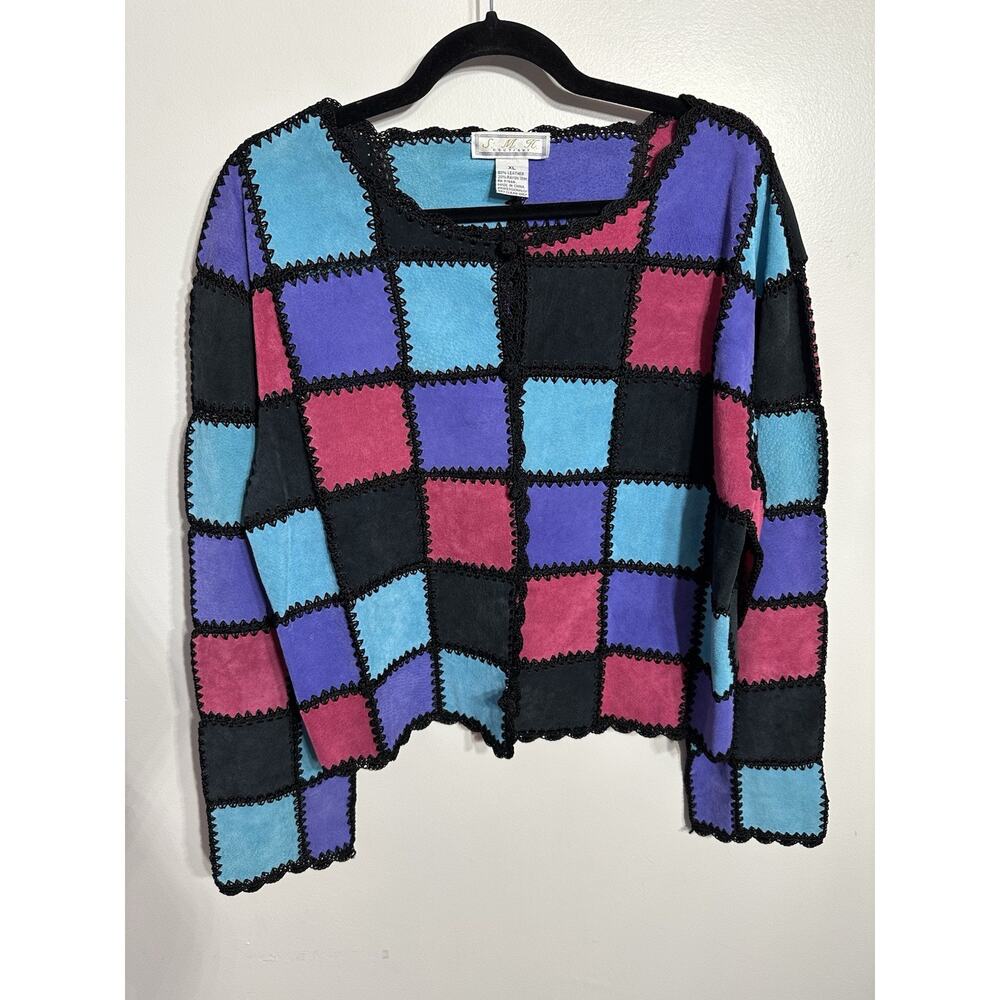 Vintage Suede Multicolored Patchwork Crochet Jacket SMH Boutique Women’s XL Boho